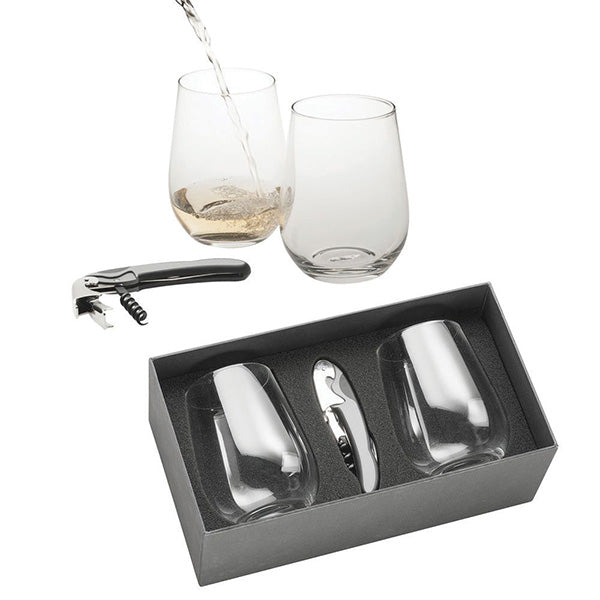 Two Stemless Wine Glasses and Waiters Friend Evaton
