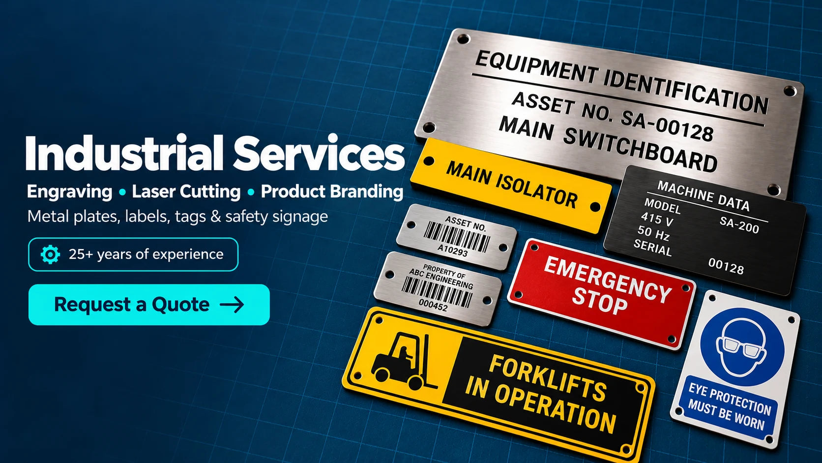 Industrial Services — engraving, laser cutting and product branding. Request a quote.